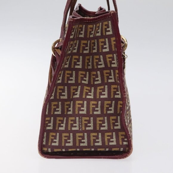FENDI Zucchino Canvas Hand Bag Wine Red Gold Auth 120902 - Picture 4 of 16